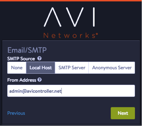 Avi Vantage email and SMTP settings