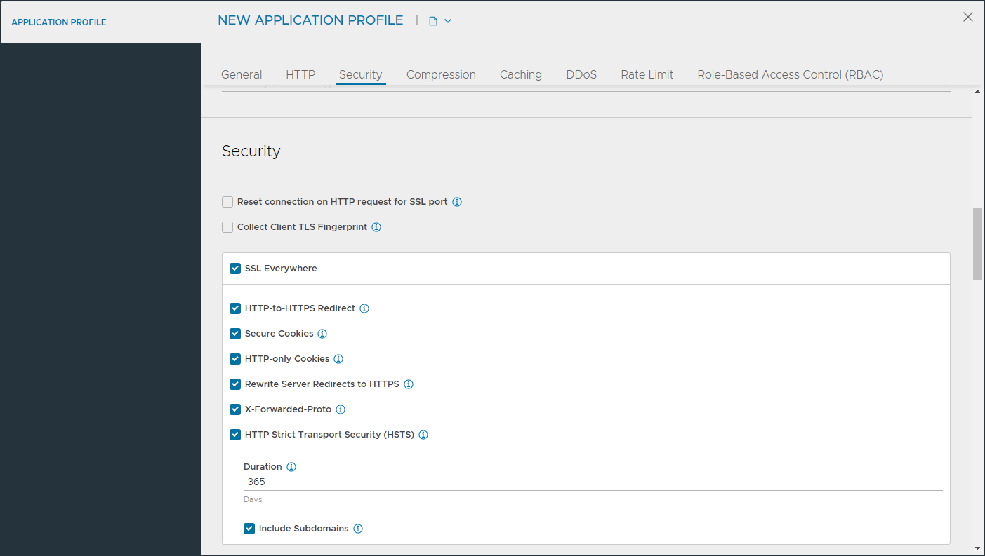 Security settings tab of application profile